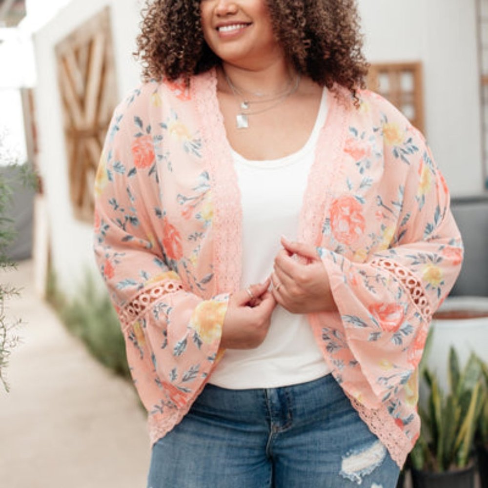 Floral Bell Sleeve Kimono in Pink (Large)